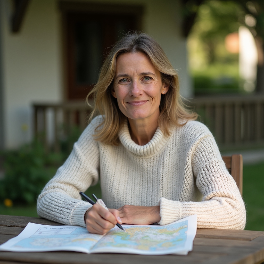 Persoană notând observații într-un carnet, la o masă de lemn, cu o hartă a unei regiuni rurale alături