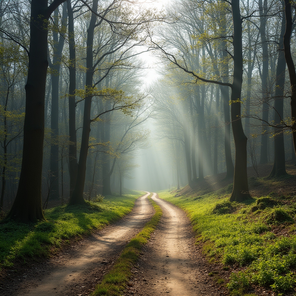 Drum forestier de primăvară cu vegetație proaspătă și lumină difuză printre copaci