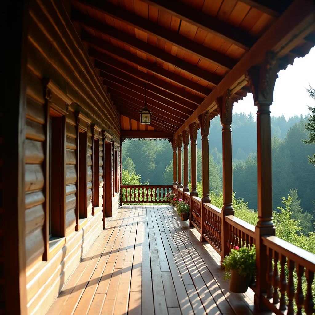 Pensiune tradițională cu prispă din lemn la marginea unei păduri din Bucovina