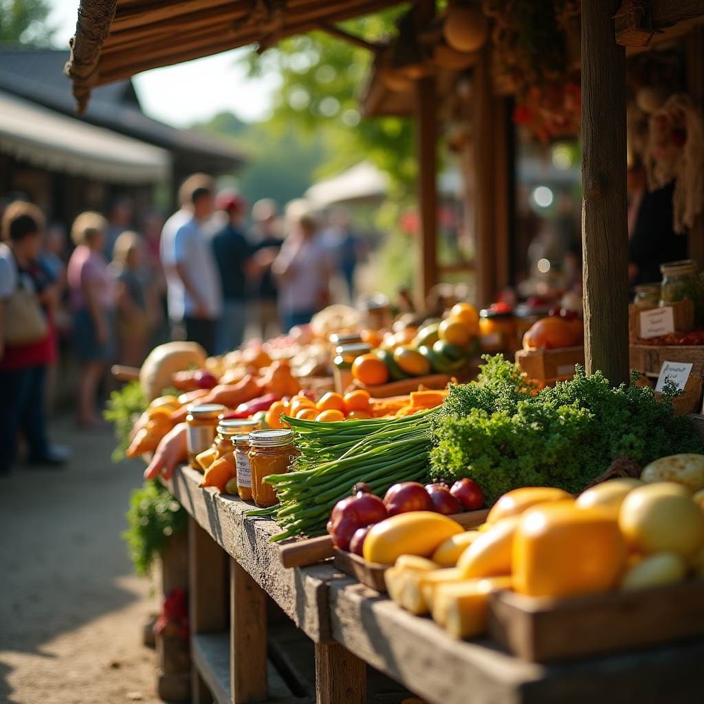 Piață sătească duminicală cu tarabe de legume, brânzeturi și produse locale